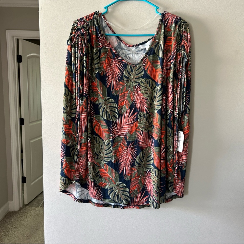 NWT Time & Tru Tropical Leaf Print  Top - Navy, Coral, Olive Sz 2XL